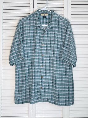 Tommy Bahama Men's Shirt Button Down Silk Plaid Blue Size M Short Sleeve Y2K